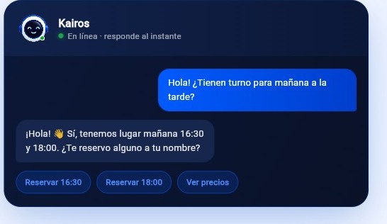 Conversación con el asistente de IA Kairos respondiendo por chat