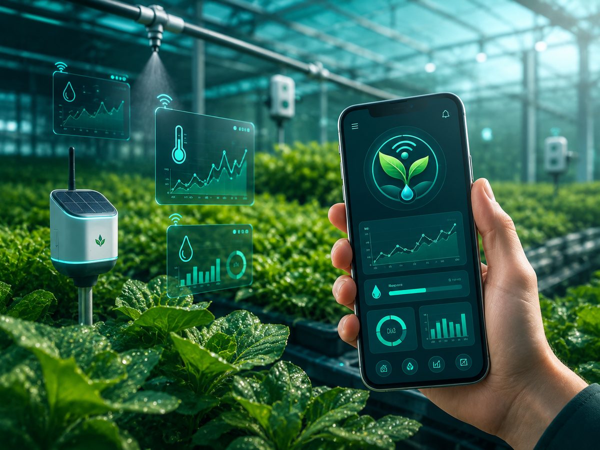 App AgriSense monitoreando un invernadero con sensores y riego